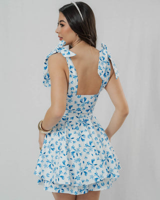 ROMPER DE COPAS Y TIRAS DE AMARRAR CON FLORES AZULES