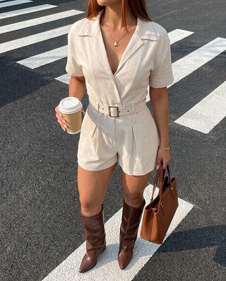 ROMPER BEIGE MANGA CORTA CON CUELLO Y CORREA DE HEBILLA