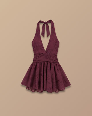 ROMPER VINO TINTO DE FLORES BORDADAS CON TIRA DE AMARRAR