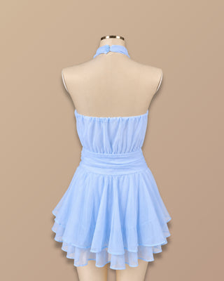ROMPER AZUL EN MALLATEX CON CUELLO HALTER Y CINTURA DRAPEADA