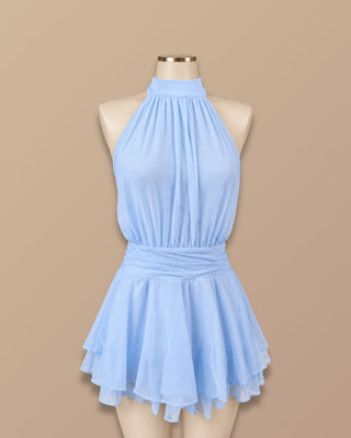 ROMPER AZUL EN MALLATEX CON CUELLO HALTER Y CINTURA DRAPEADA