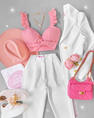 Bustier rosado limonada de copas tiras volantes y cruzado