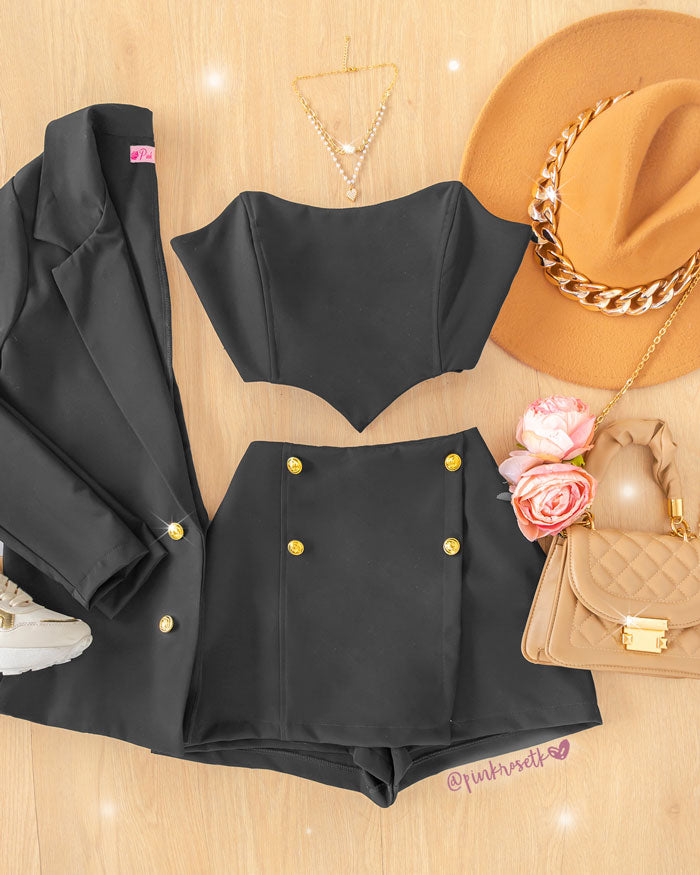 Set negro de 3 piezas blazer, crop top y falda short