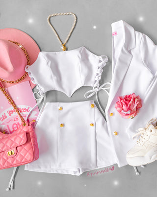 Set blanco de 3 piezas blazer, crop top y falda short
