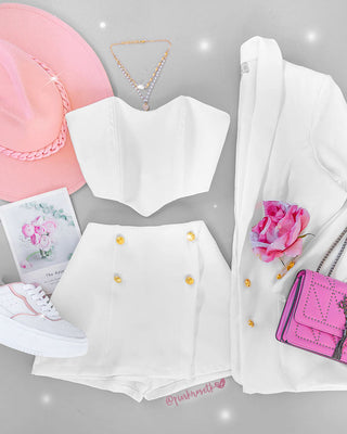 Set blanco de 3 piezas blazer, crop top y falda short