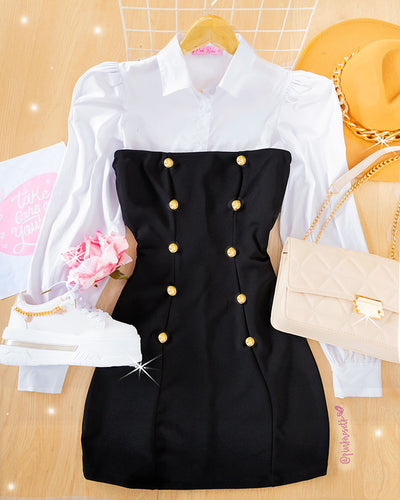 Set camisa blanca manga puff y vestido negro strapless botones dorados