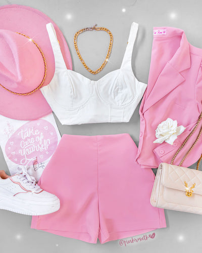 Set rosado crepe short y blazer botones forrados