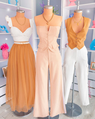 Falda camel en tull resorte en cintura