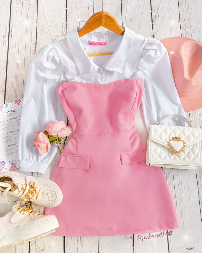 Set camisa blanca manga puff vestido strapless rosa sandia