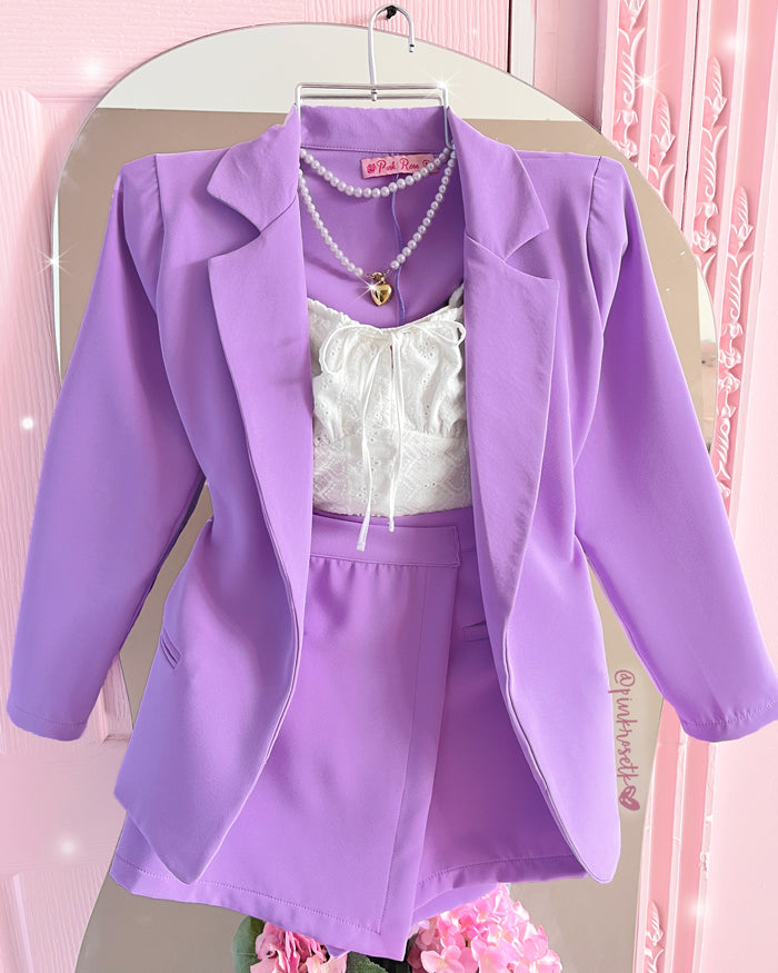 Set lila lavanda blazer falda short tapa 2 bolsillos