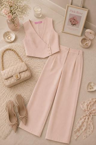 SET  BEIGE DE PANTALON Y CHALECO 3 BOTONES LADO