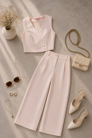 SET  BEIGE DE PANTALON Y CHALECO 3 BOTONES LADO