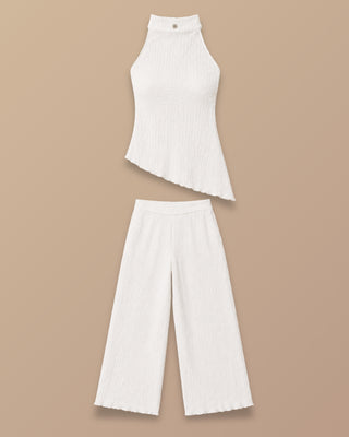 Set Blanco con Blusa Halter  Asimétrica y Pantalón Fluido Pink Rose