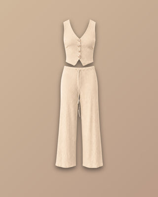 SET BEIGE DE PANTALON CON CORDON Y BLUSA CON 4 BOTONES DORADOS