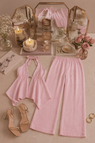 SET ROSADO DE PANTALON Y  BLUSA DE AMARRAR CON FLOR DE PINKROSE