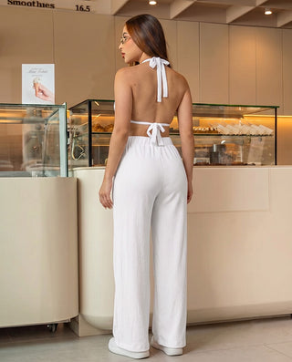 SET BLANCO DE PANTALON Y  BLUSA DE AMARRAR CON FLOR DE PINKROSE