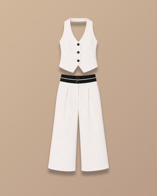 SET BLANCO CON LINEA DE TIZA PANTALON Y CHALECO 3 BOTONES