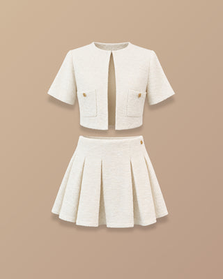 SET BLANCO CHANEL FALDA TABLAS BLUSA BOLSILLOS
