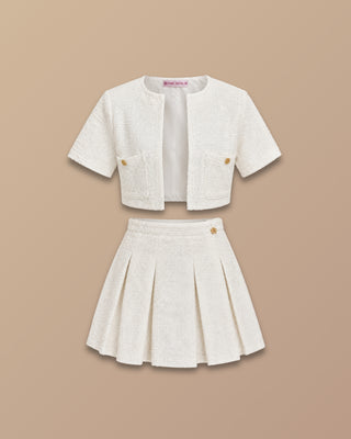 SET BLANCO CHANEL FALDA TABLAS BLUSA BOLSILLOS