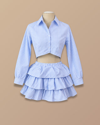 SET AZUL DE RAYAS CON CAMISA MANGA LARGA Y FALDA
