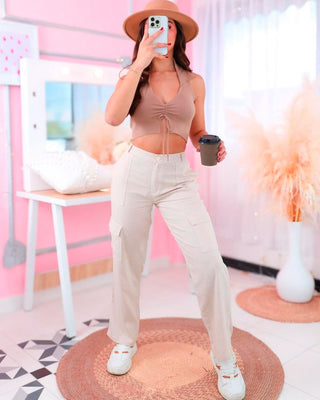 Crop top ocre tejido cuello halter