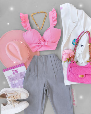 Bustier rosado limonada de copas tiras volantes y cruzado