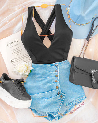 Falda short de blue jean, drapeado y botones