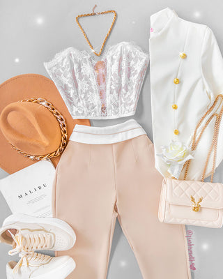 Pantalón beige con pretina blanca