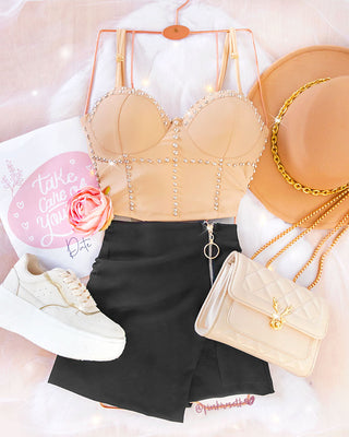 Bustier beige en cuerina y taches plateados