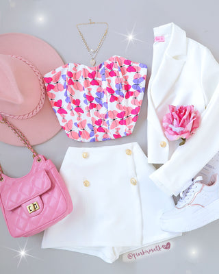 Blusa corta blanca corsé de mariposas multicolores