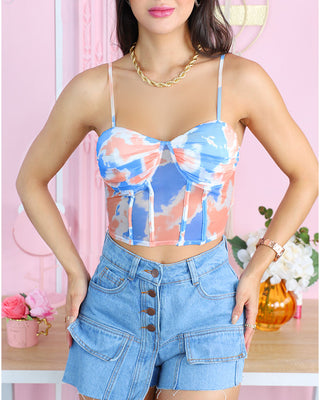 Bustier marmoleado azul y salmón, con tiras y copas