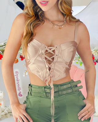 Bustier dorado tipo corsé de amarrar adelante y tiras