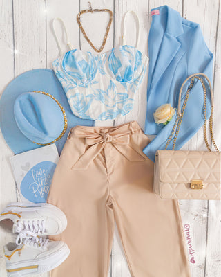 Bustier blanco con tiras estampado floral azul