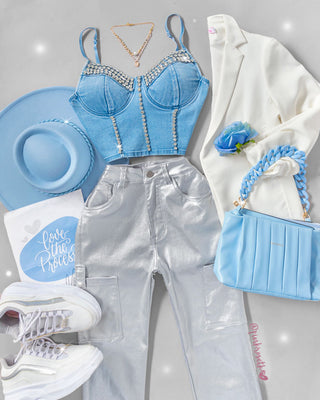 Bustier denim copas tiras y apliques brillantes