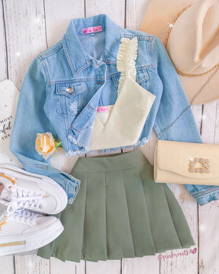 Top beige corto tiras con volantes y estampado dorado
