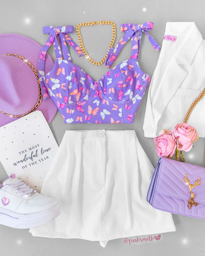 Bustier lila con copas moñitos tipo corsé y mariposas pastel
