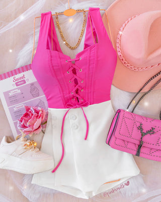 Top corsé rosado chicle de amarrar adelante y tiras
