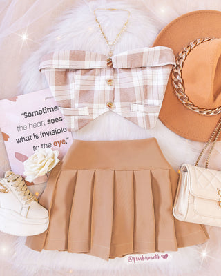 Top strapless estampado cuadros beige y blanco