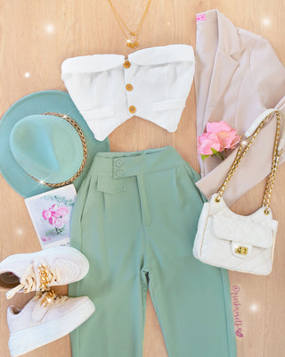 Top strapless blanco botones camel