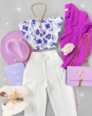 Top corsé blanco escote profundo estampado floral lila