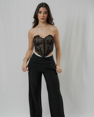 Top corsé negro strapless en encaje