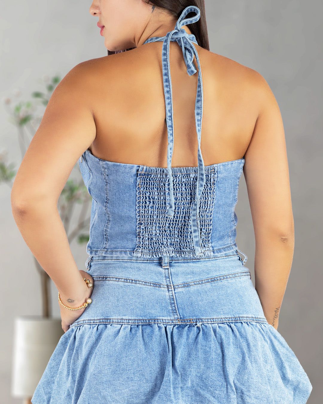 Crop top blue jean tiras amarrar y flor