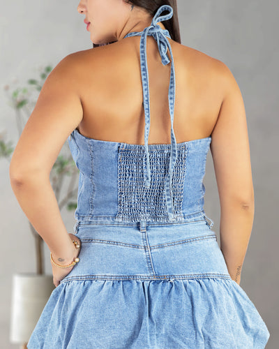 Crop top blue jean tiras amarrar y flor