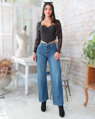 Jean Rose oscuro sencillo con bota ancha