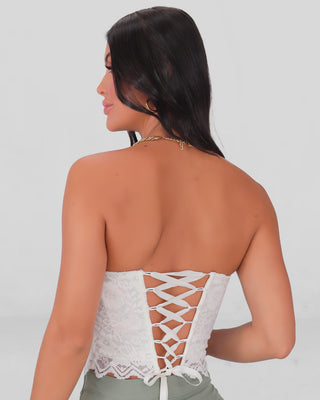 Top corsé blanco strapless en encaje