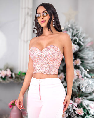 Crop Top Strapless con Copas y Lentejuelas