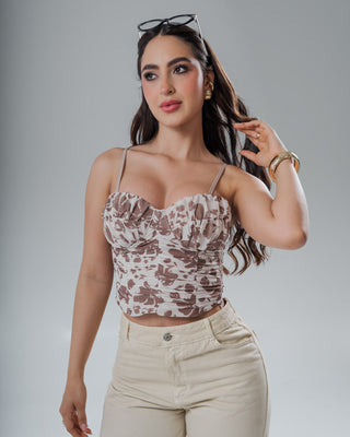 Crop Top Drapeado de Mallatex con Copas y Estampado Floral