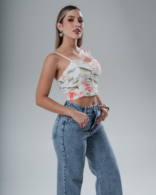 Crop Top Mallatex Drapeado con Estampado Floral
