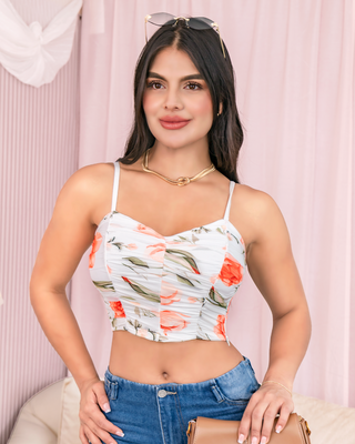 Crop Top Mallatex Drapeado con Estampado Floral