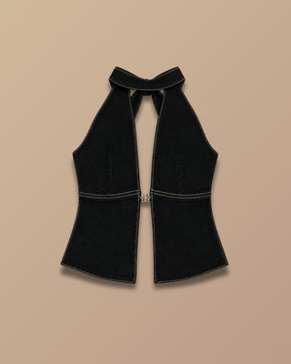 CROP TOP JEAN NEGRO  DE AMARRAR AL CUELLO CON HERRAJE PINK ROSE